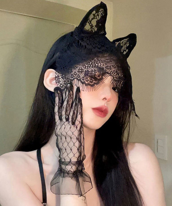 블랙 망사 고양이 머리띠 얼굴가리개 헤어핀 망사장갑